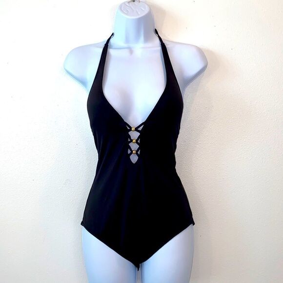 Trina Turk Algiers V-Plunge Embellished One- Piece Black Swimsuit TT0722 - Picture 14 of 16